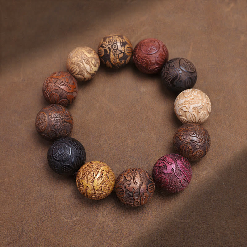 Nimara Ritual Carving Sandalwood Chinese Zodiac Auspicious Dragon Phoenix Fu Character Healing Bracelet