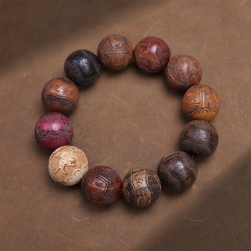 Nimara Ritual Carving Sandalwood Chinese Zodiac Auspicious Dragon Phoenix Fu Character Healing Bracelet