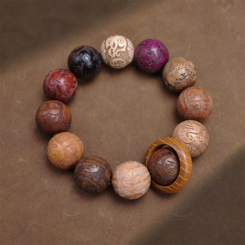Nimara Ritual Carving Sandalwood Chinese Zodiac Auspicious Dragon Phoenix Fu Character Healing Bracelet