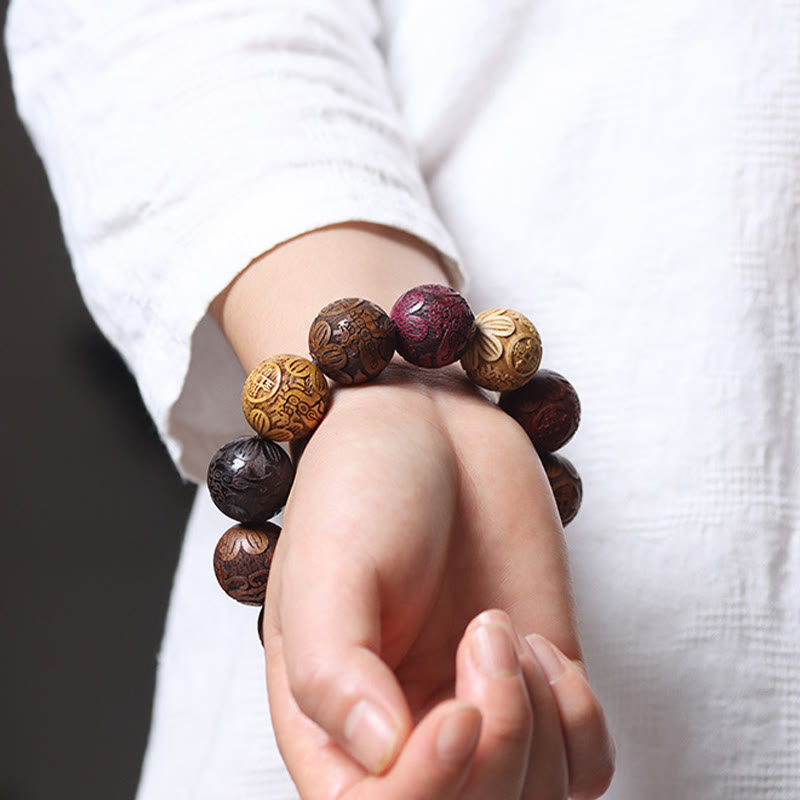 Healing Protection Sandalwood Chinese Zodiac Dragon Phoenix Fu Character Bracelet