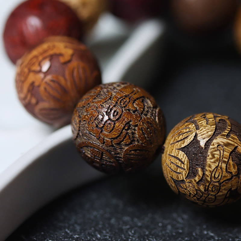 Nimara Ritual Carving Sandalwood Chinese Zodiac Auspicious Dragon Phoenix Fu Character Healing Bracelet