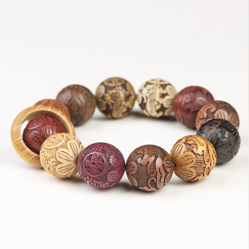 Nimara Ritual Carving Sandalwood Chinese Zodiac Auspicious Dragon Phoenix Fu Character Healing Bracelet