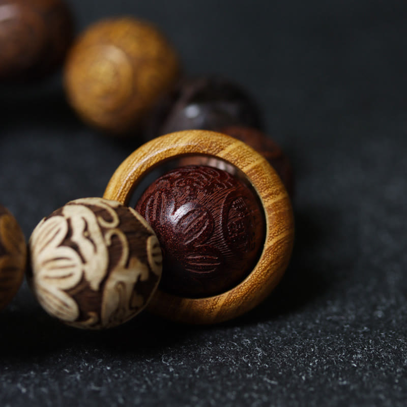 Healing Protection Sandalwood Chinese Zodiac Dragon Phoenix Fu Character Bracelet