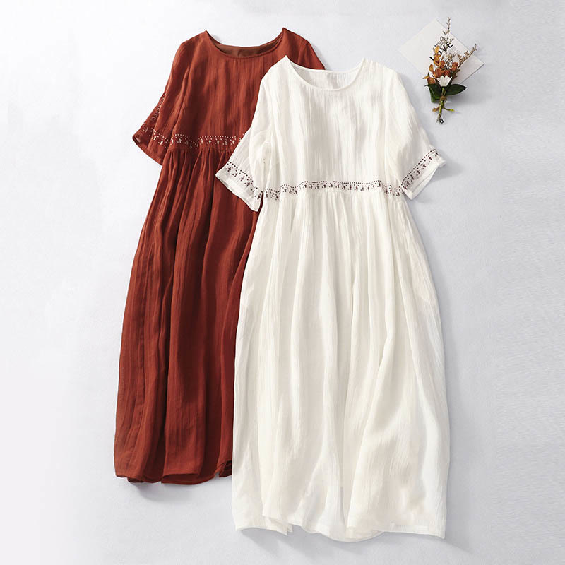 Nimara Ritual Solid Color Embroidery Short Sleeve Cotton Midi Dress With Pockets