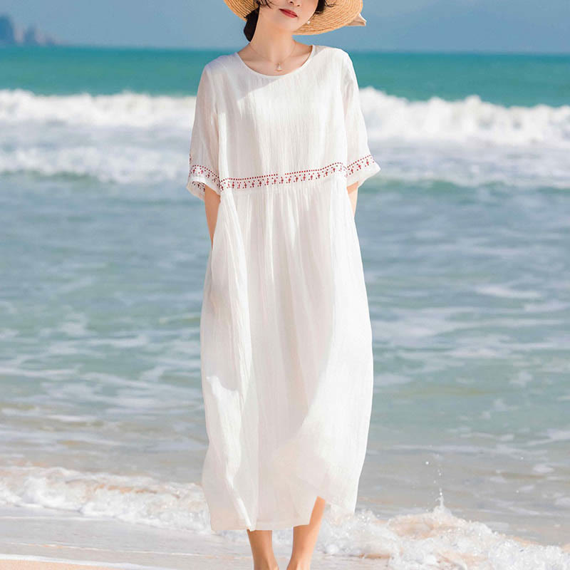 Nimara Ritual Solid Color Embroidery Short Sleeve Cotton Midi Dress With Pockets