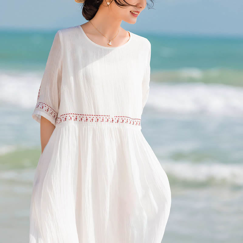 Nimara Ritual Solid Color Embroidery Short Sleeve Cotton Midi Dress With Pockets