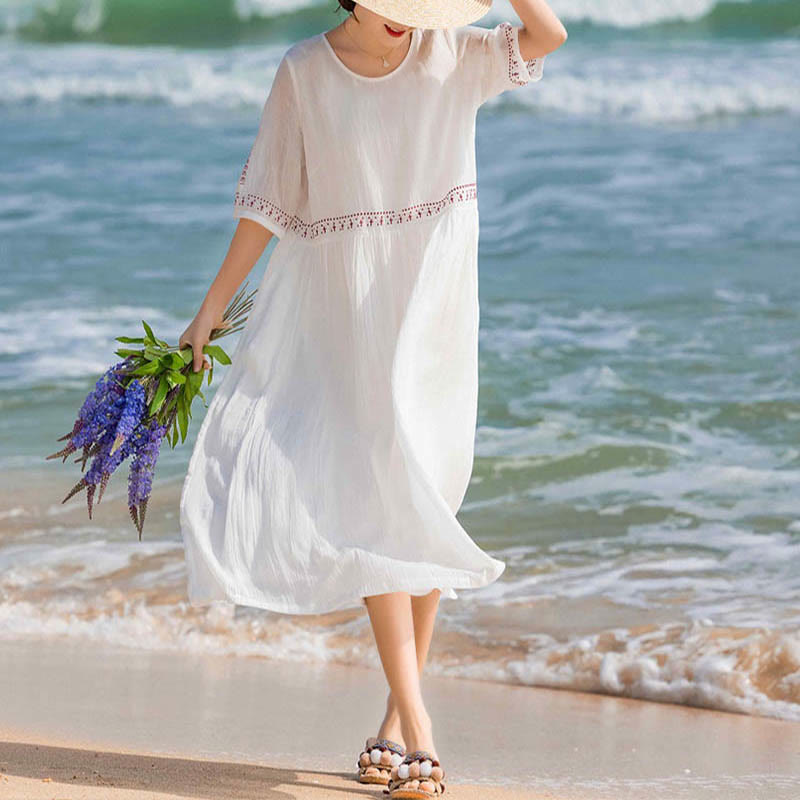 Nimara Ritual Solid Color Embroidery Short Sleeve Cotton Midi Dress With Pockets