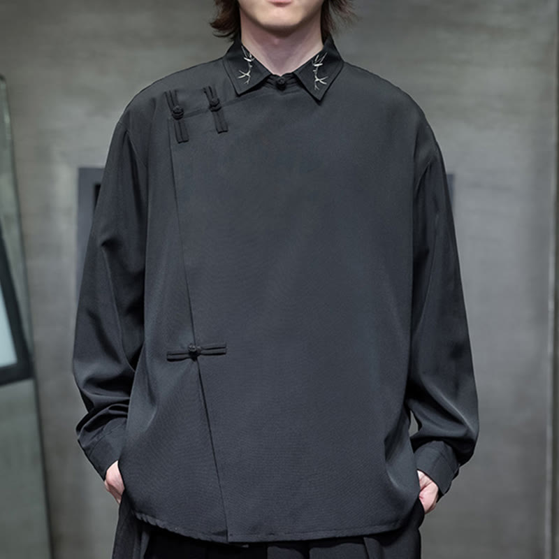 Nimara Ritual Vintage Pure Color Chinese Frog-Button Design Embroidery Lapel Men's Long Sleeve Shirt