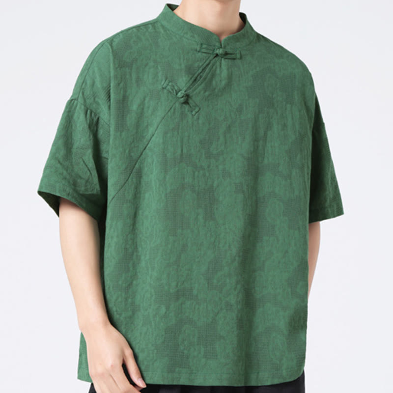 Nimara Ritual Retro Pure Color Frog-Button Design Jacquard Flower Pattern Men's Short Sleeve Cotton Linen Shirt