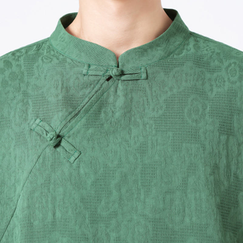 Nimara Ritual Retro Pure Color Frog-Button Design Jacquard Flower Pattern Men's Short Sleeve Cotton Linen Shirt