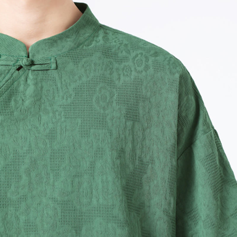 Nimara Ritual Retro Pure Color Frog-Button Design Jacquard Flower Pattern Men's Short Sleeve Cotton Linen Shirt