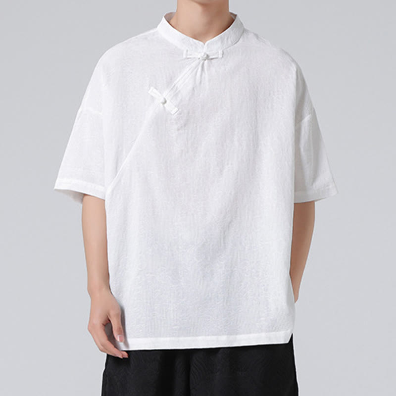 Nimara Ritual Retro Pure Color Frog-Button Design Jacquard Flower Pattern Men's Short Sleeve Cotton Linen Shirt