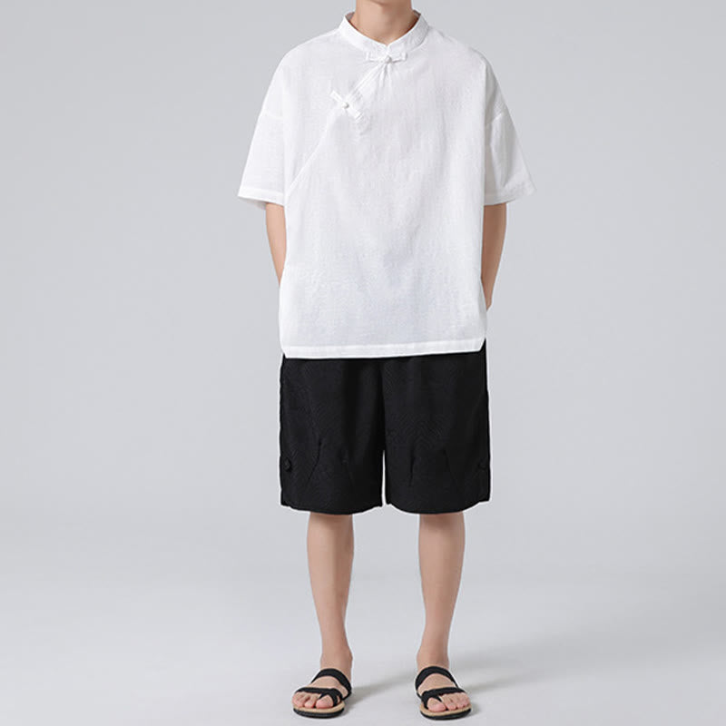 Nimara Ritual Retro Pure Color Frog-Button Design Jacquard Flower Pattern Men's Short Sleeve Cotton Linen Shirt