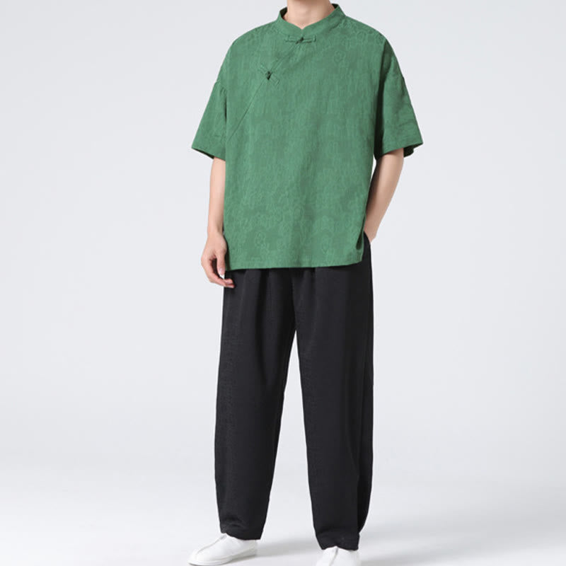 Nimara Ritual Retro Pure Color Frog-Button Design Jacquard Flower Pattern Men's Short Sleeve Cotton Linen Shirt
