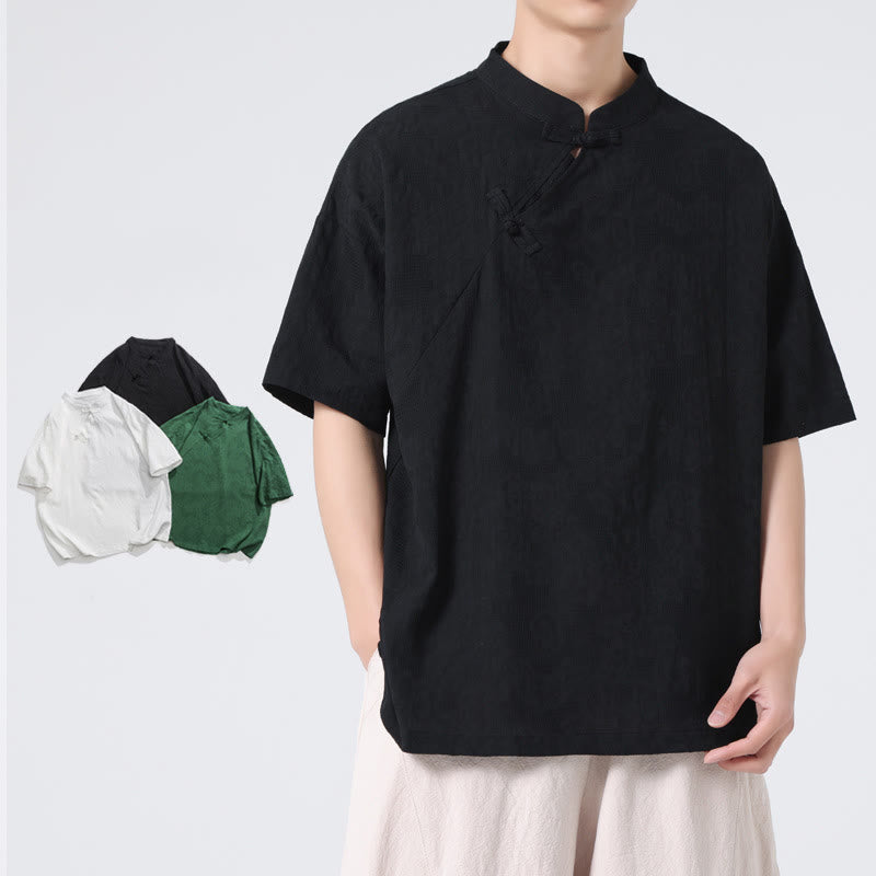 Nimara Ritual Retro Pure Color Frog-Button Design Jacquard Flower Pattern Men's Short Sleeve Cotton Linen Shirt