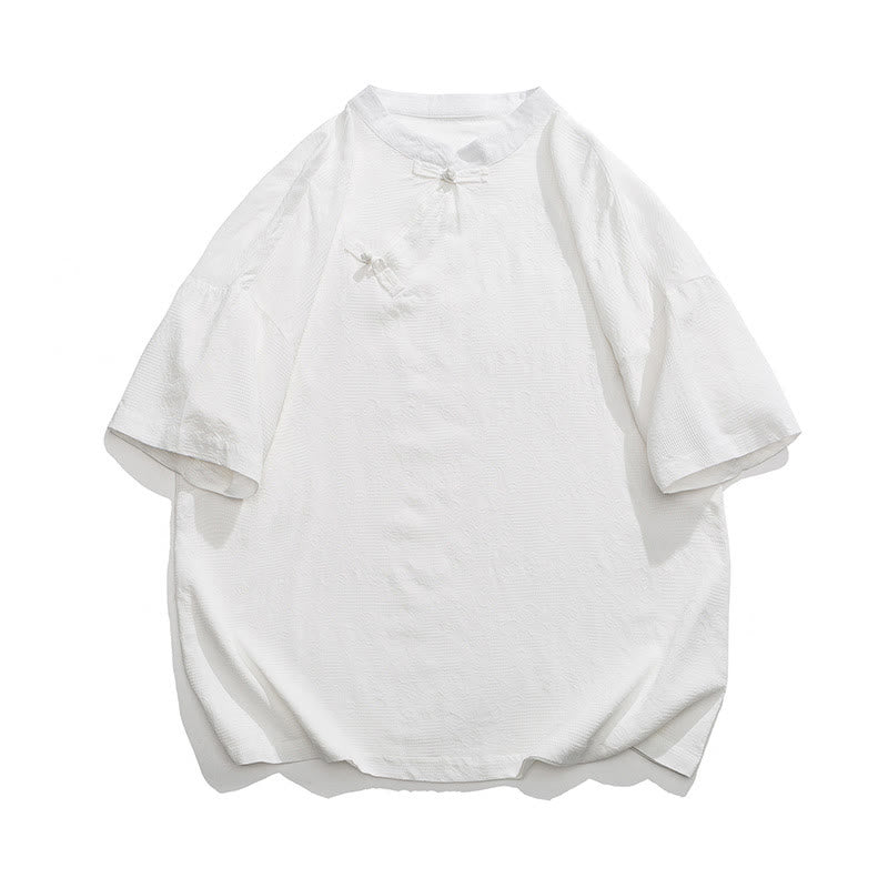 Nimara Ritual Retro Pure Color Frog-Button Design Jacquard Flower Pattern Men's Short Sleeve Cotton Linen Shirt