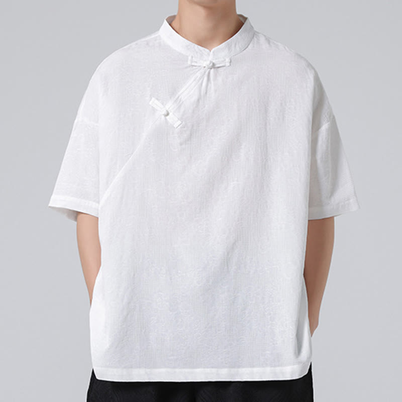 Nimara Ritual Retro Pure Color Frog-Button Design Jacquard Flower Pattern Men's Short Sleeve Cotton Linen Shirt