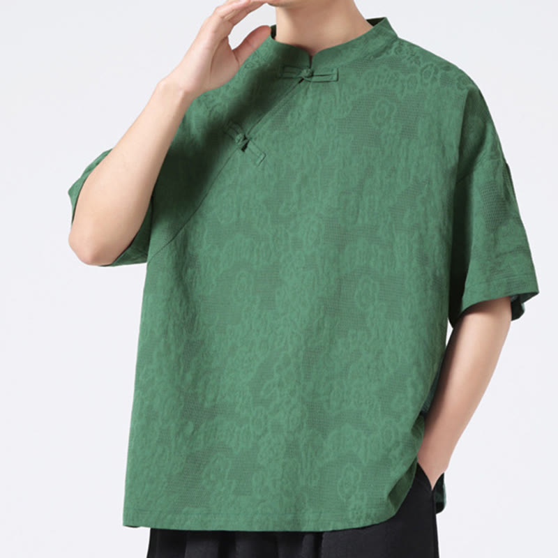 Nimara Ritual Retro Pure Color Frog-Button Design Jacquard Flower Pattern Men's Short Sleeve Cotton Linen Shirt