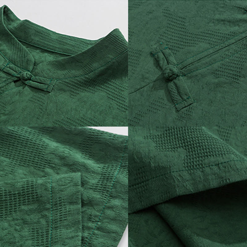 Nimara Ritual Retro Pure Color Frog-Button Design Jacquard Flower Pattern Men's Short Sleeve Cotton Linen Shirt