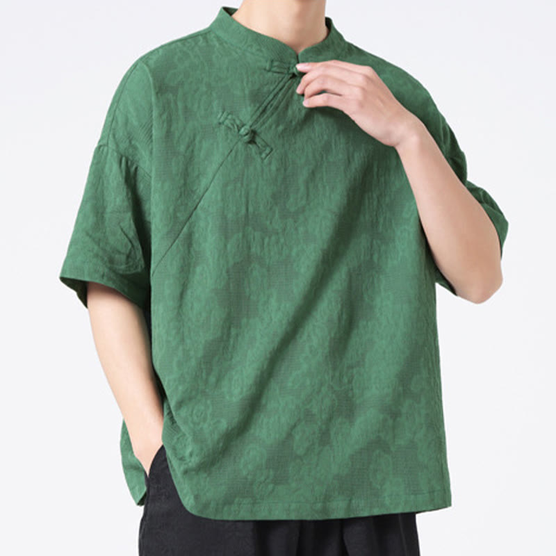 Nimara Ritual Retro Pure Color Frog-Button Design Jacquard Flower Pattern Men's Short Sleeve Cotton Linen Shirt