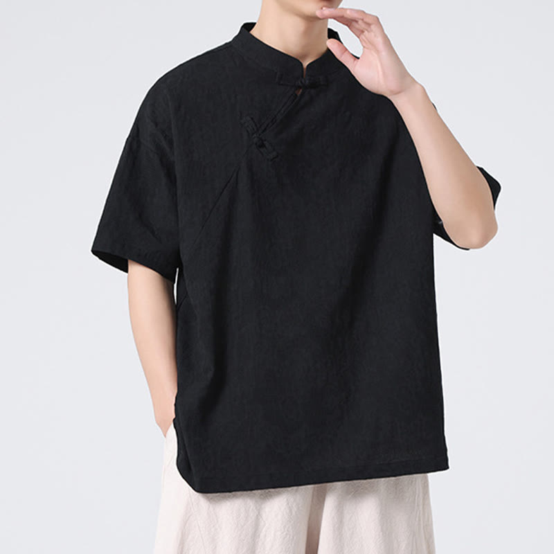 Nimara Ritual Retro Pure Color Frog-Button Design Jacquard Flower Pattern Men's Short Sleeve Cotton Linen Shirt