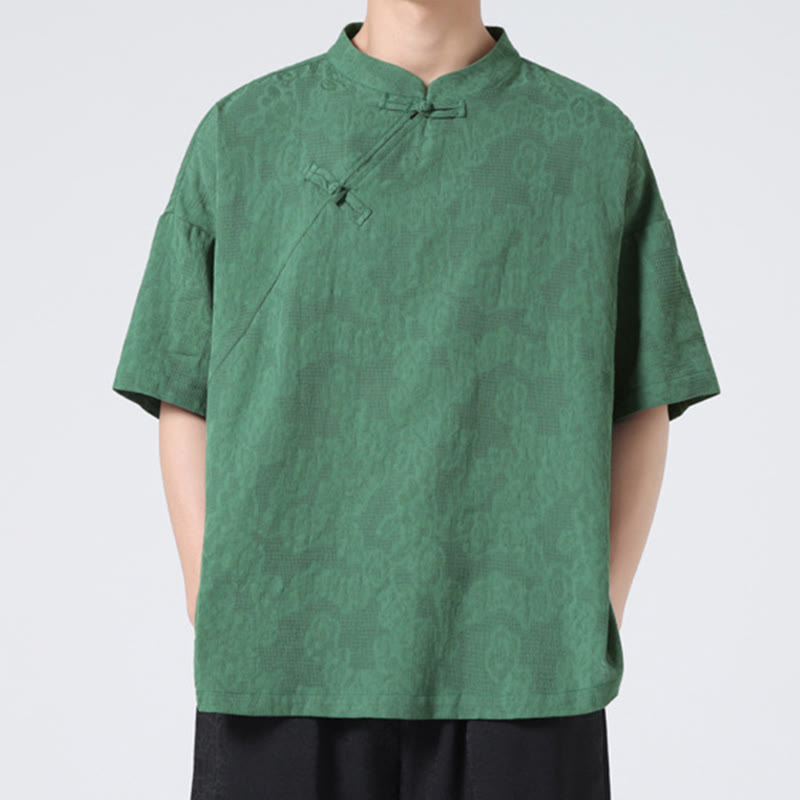 Nimara Ritual Retro Pure Color Frog-Button Design Jacquard Flower Pattern Men's Short Sleeve Cotton Linen Shirt