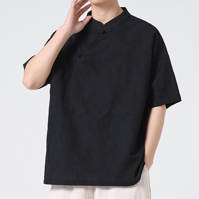Nimara Ritual Retro Pure Color Frog-Button Design Jacquard Flower Pattern Men's Short Sleeve Cotton Linen Shirt