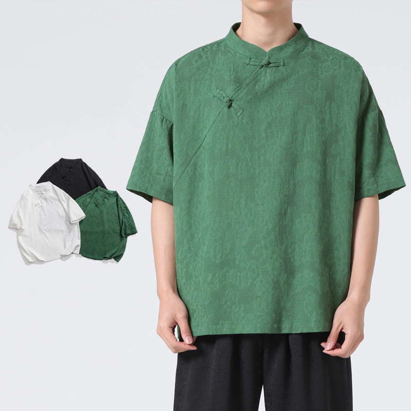 Nimara Ritual Retro Pure Color Frog-Button Design Jacquard Flower Pattern Men's Short Sleeve Cotton Linen Shirt