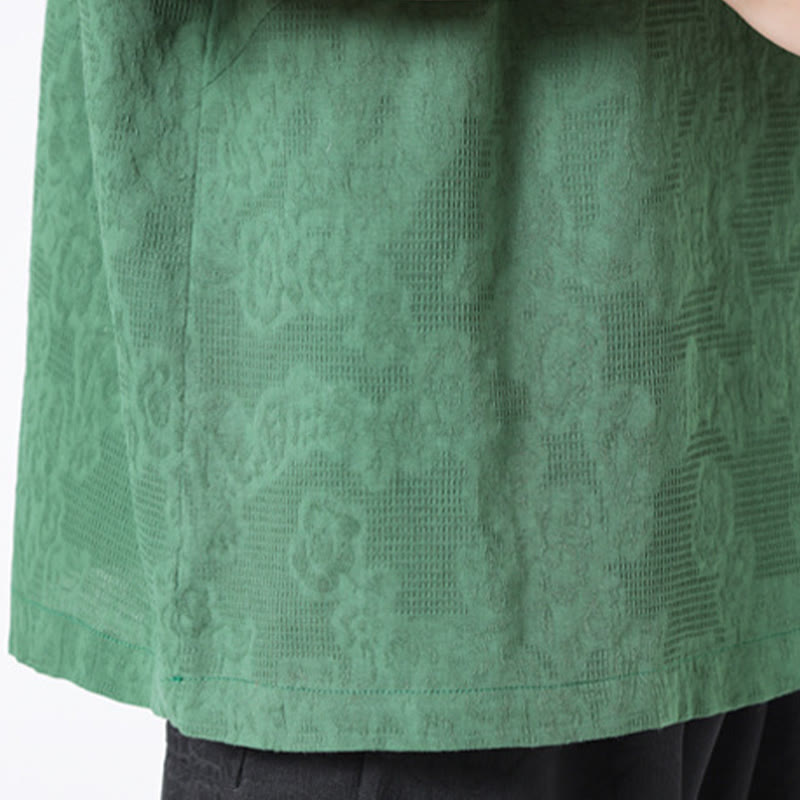 Nimara Ritual Retro Pure Color Frog-Button Design Jacquard Flower Pattern Men's Short Sleeve Cotton Linen Shirt