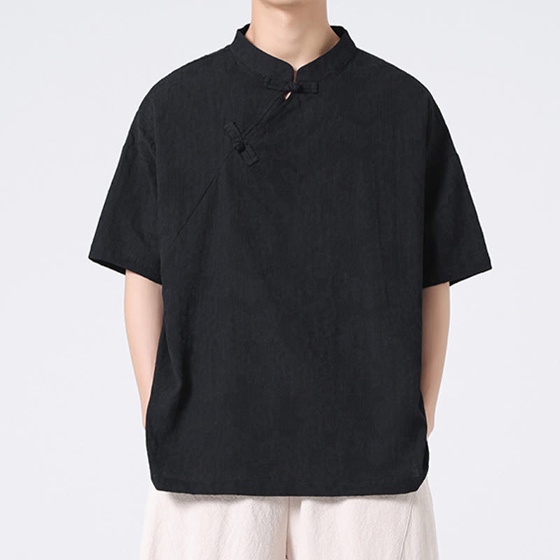 Nimara Ritual Retro Pure Color Frog-Button Design Jacquard Flower Pattern Men's Short Sleeve Cotton Linen Shirt