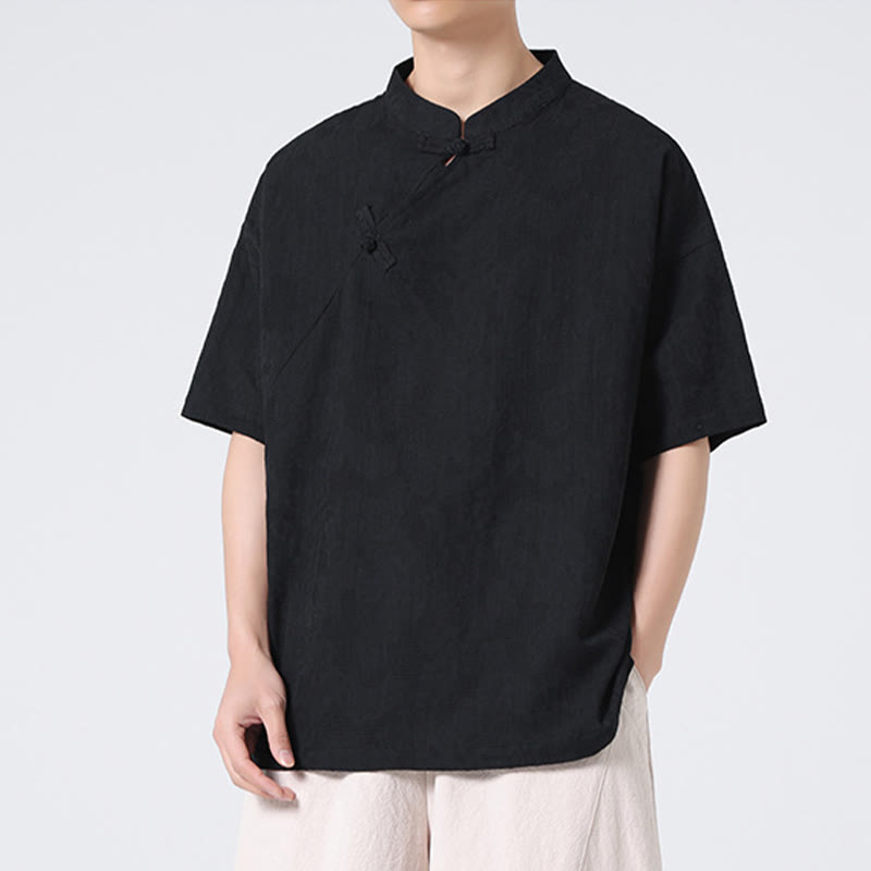 Nimara Ritual Retro Pure Color Frog-Button Design Jacquard Flower Pattern Men's Short Sleeve Cotton Linen Shirt