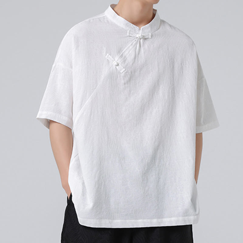 Nimara Ritual Retro Pure Color Frog-Button Design Jacquard Flower Pattern Men's Short Sleeve Cotton Linen Shirt