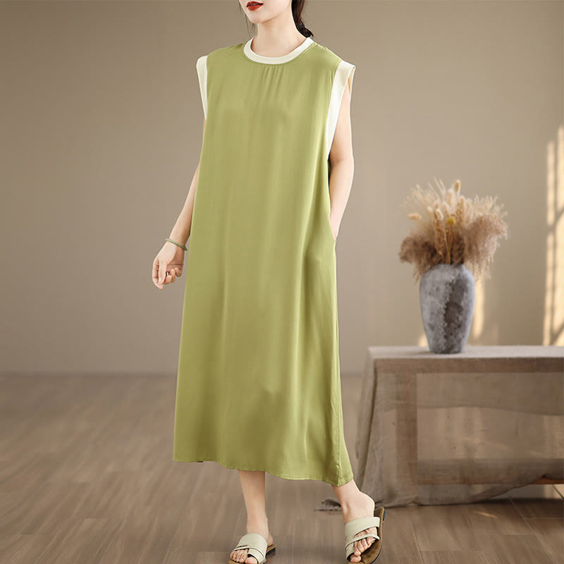 Nimara Ritual Pure Color Slit Design Sleeveless Cotton Midi Dress With Pockets