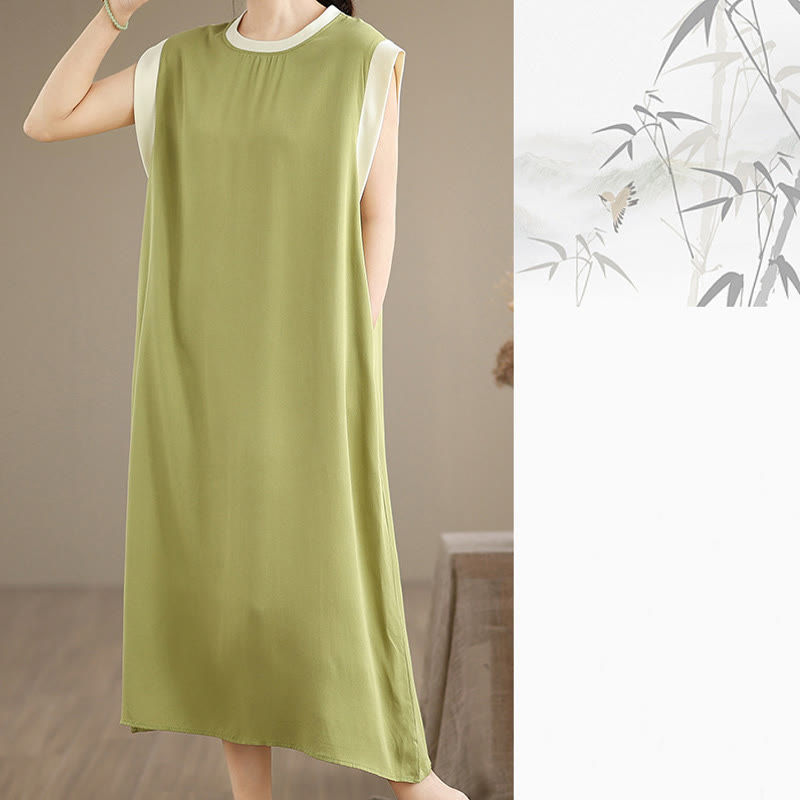 Nimara Ritual Pure Color Slit Design Sleeveless Cotton Midi Dress With Pockets
