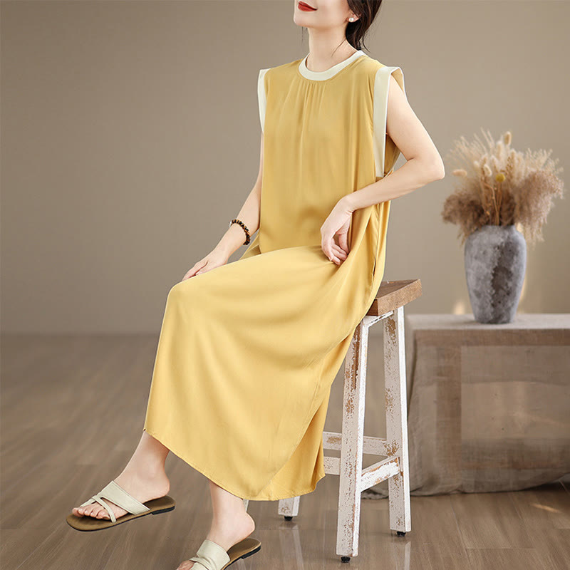Nimara Ritual Pure Color Slit Design Sleeveless Cotton Midi Dress With Pockets
