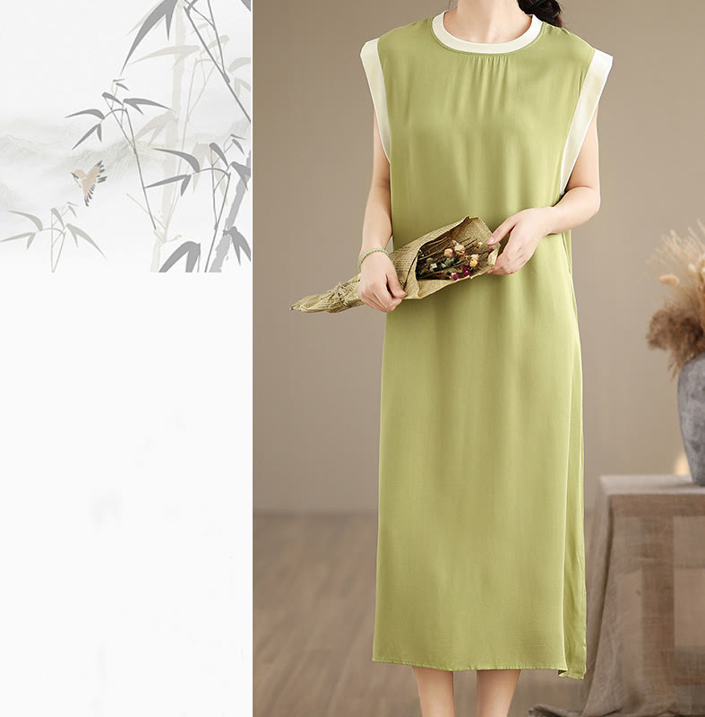 Nimara Ritual Pure Color Slit Design Sleeveless Cotton Midi Dress With Pockets