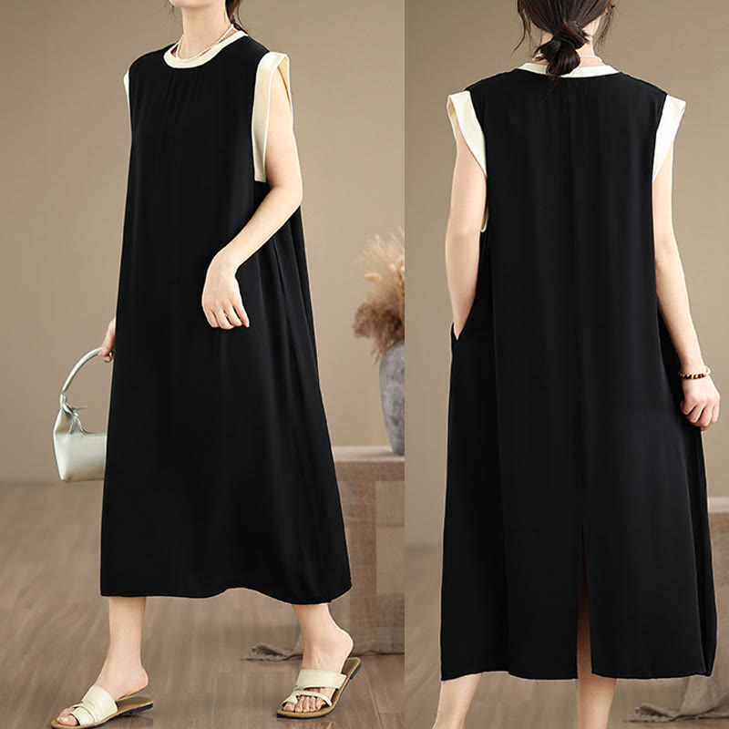 Nimara Ritual Pure Color Slit Design Sleeveless Cotton Midi Dress With Pockets