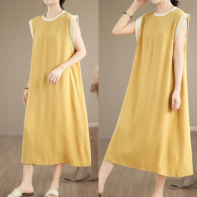 Nimara Ritual Pure Color Slit Design Sleeveless Cotton Midi Dress With Pockets