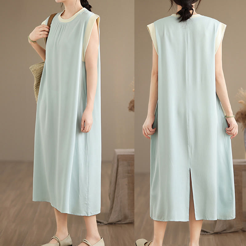 Nimara Ritual Pure Color Slit Design Sleeveless Cotton Midi Dress With Pockets