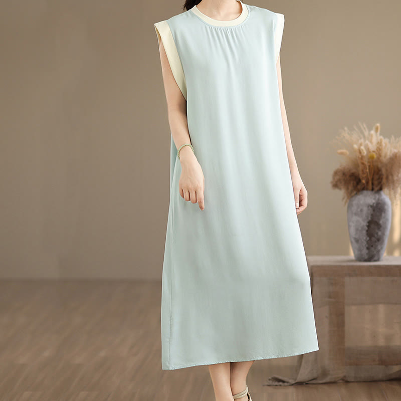 Nimara Ritual Pure Color Slit Design Sleeveless Cotton Midi Dress With Pockets