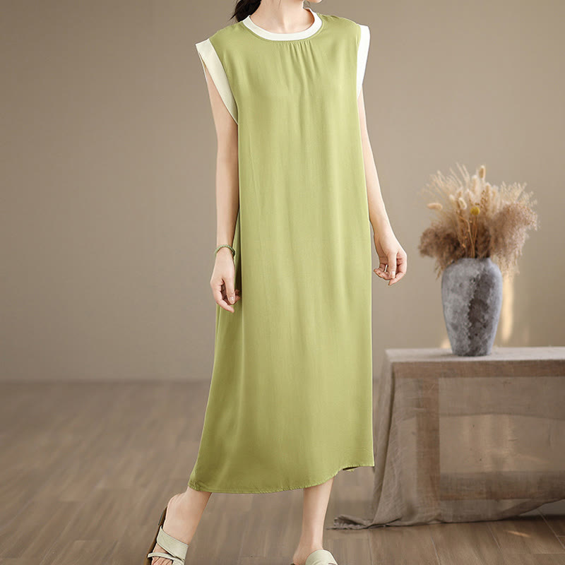 Nimara Ritual Pure Color Slit Design Sleeveless Cotton Midi Dress With Pockets