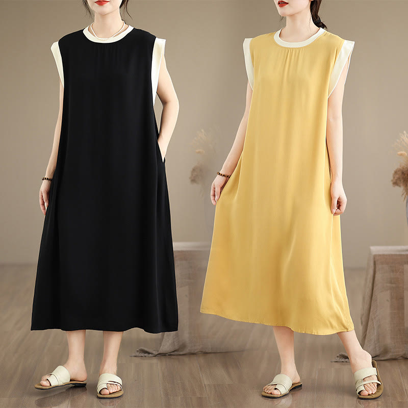 Nimara Ritual Pure Color Slit Design Sleeveless Cotton Midi Dress With Pockets
