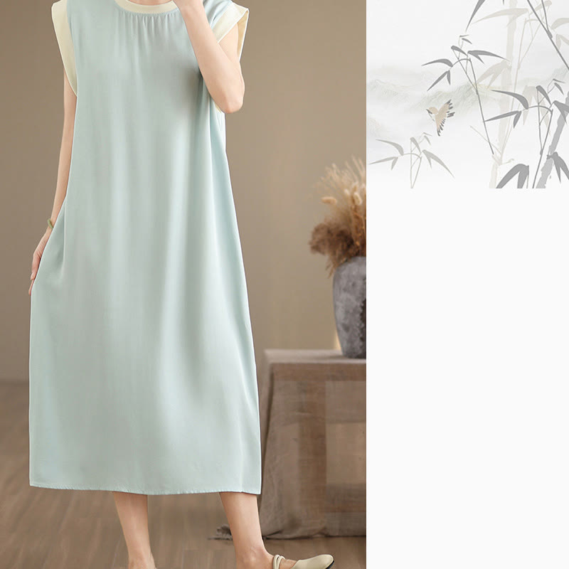 Nimara Ritual Pure Color Slit Design Sleeveless Cotton Midi Dress With Pockets