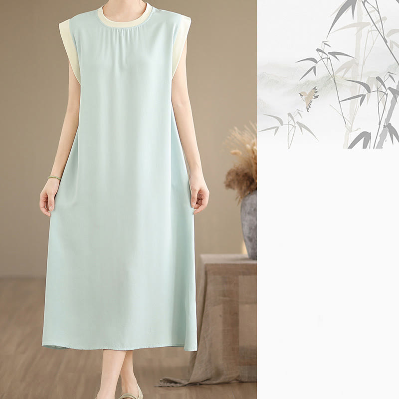 Nimara Ritual Pure Color Slit Design Sleeveless Cotton Midi Dress With Pockets