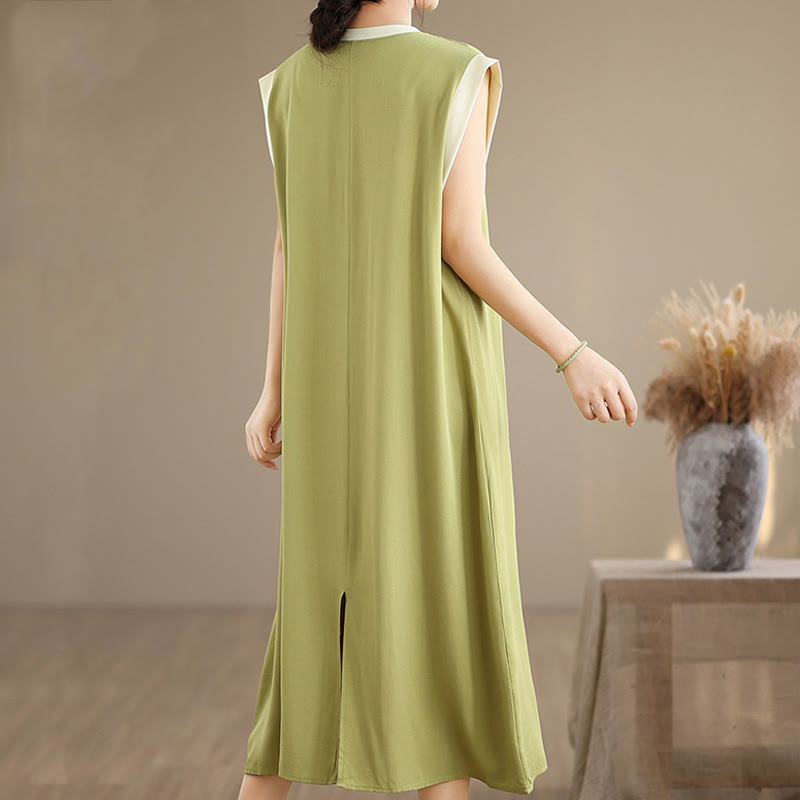 Nimara Ritual Pure Color Slit Design Sleeveless Cotton Midi Dress With Pockets