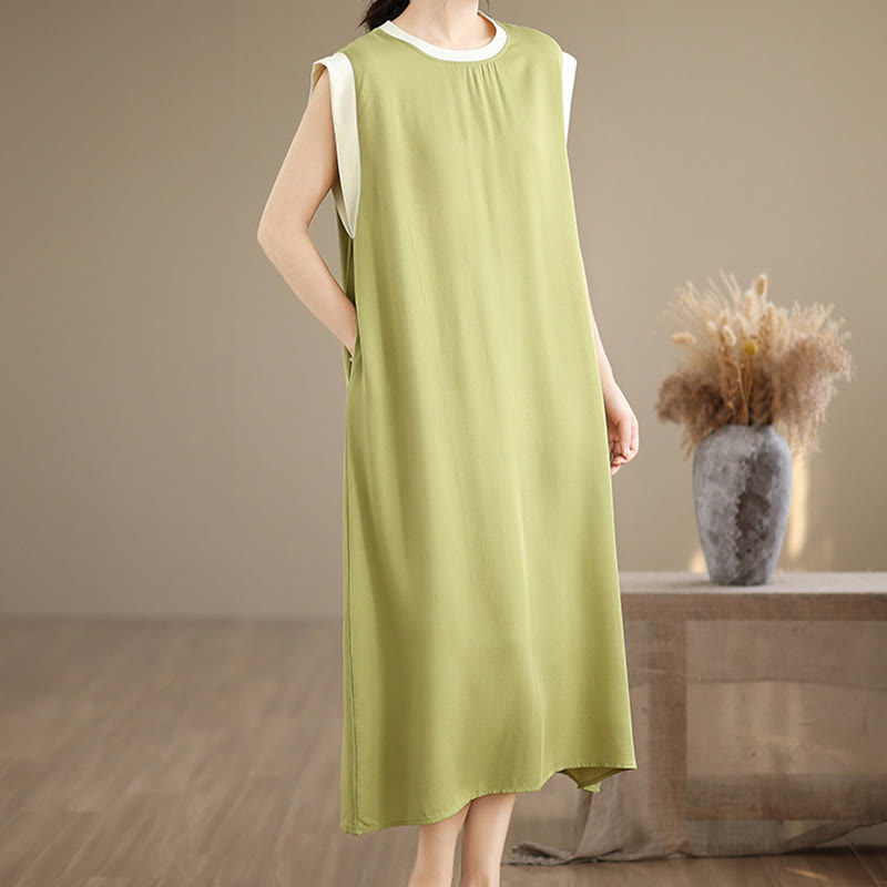 Nimara Ritual Pure Color Slit Design Sleeveless Cotton Midi Dress With Pockets