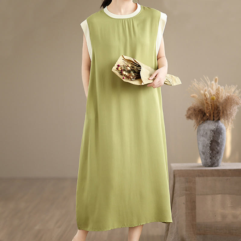 Nimara Ritual Pure Color Slit Design Sleeveless Cotton Midi Dress With Pockets