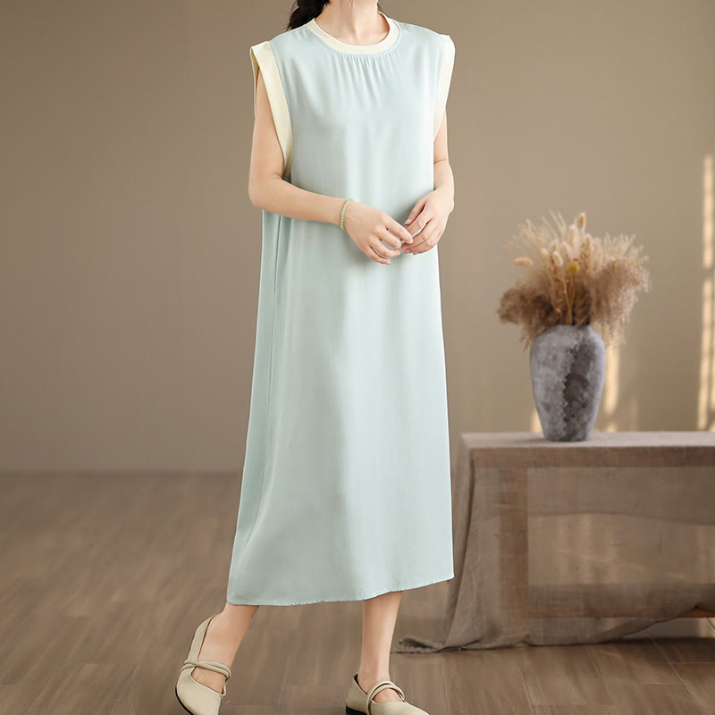 Nimara Ritual Pure Color Slit Design Sleeveless Cotton Midi Dress With Pockets