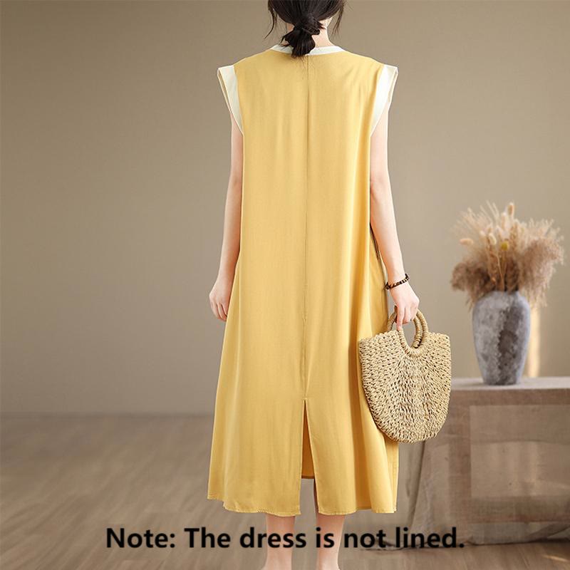 Nimara Ritual Pure Color Slit Design Sleeveless Cotton Midi Dress With Pockets