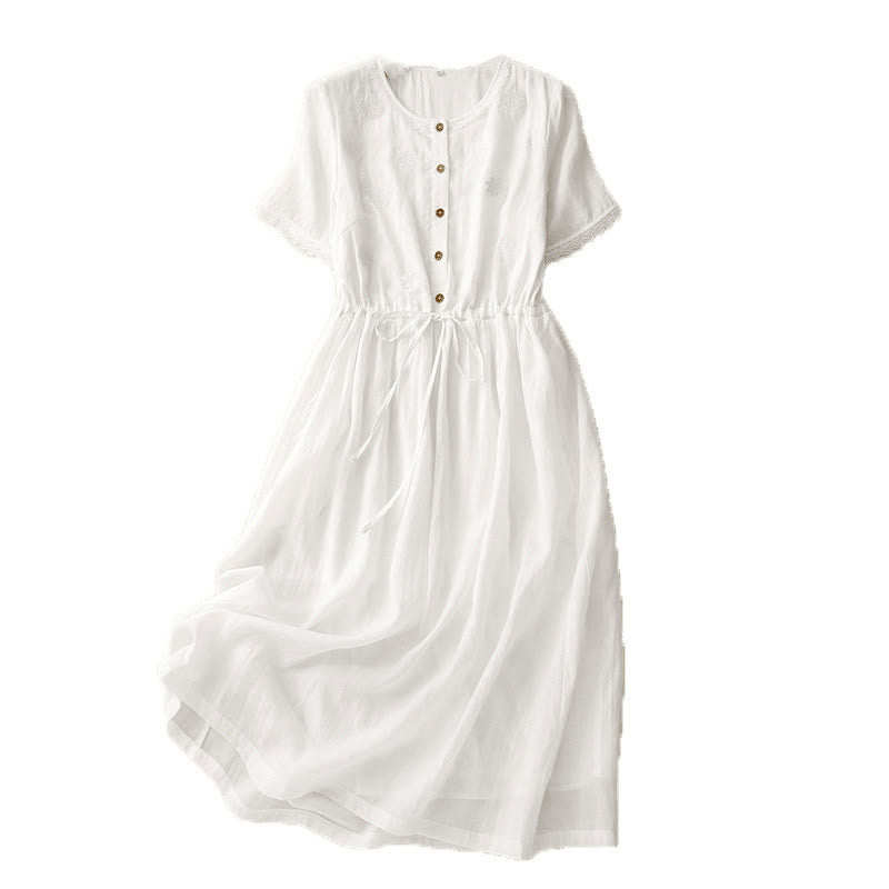 Nimara Ritual Commute Embroidery Pleated Button Drawstring Design Cotton Linen Ruffled Short Sleeve Midi Dress